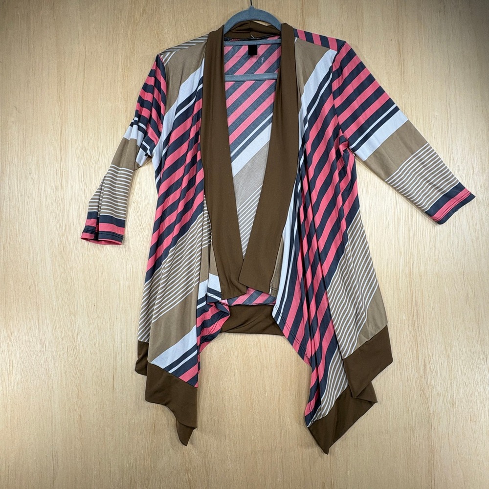 Drama Gold Striped Open Front Waterfall Cardigan Sharkbite Hem Brown Pink XL